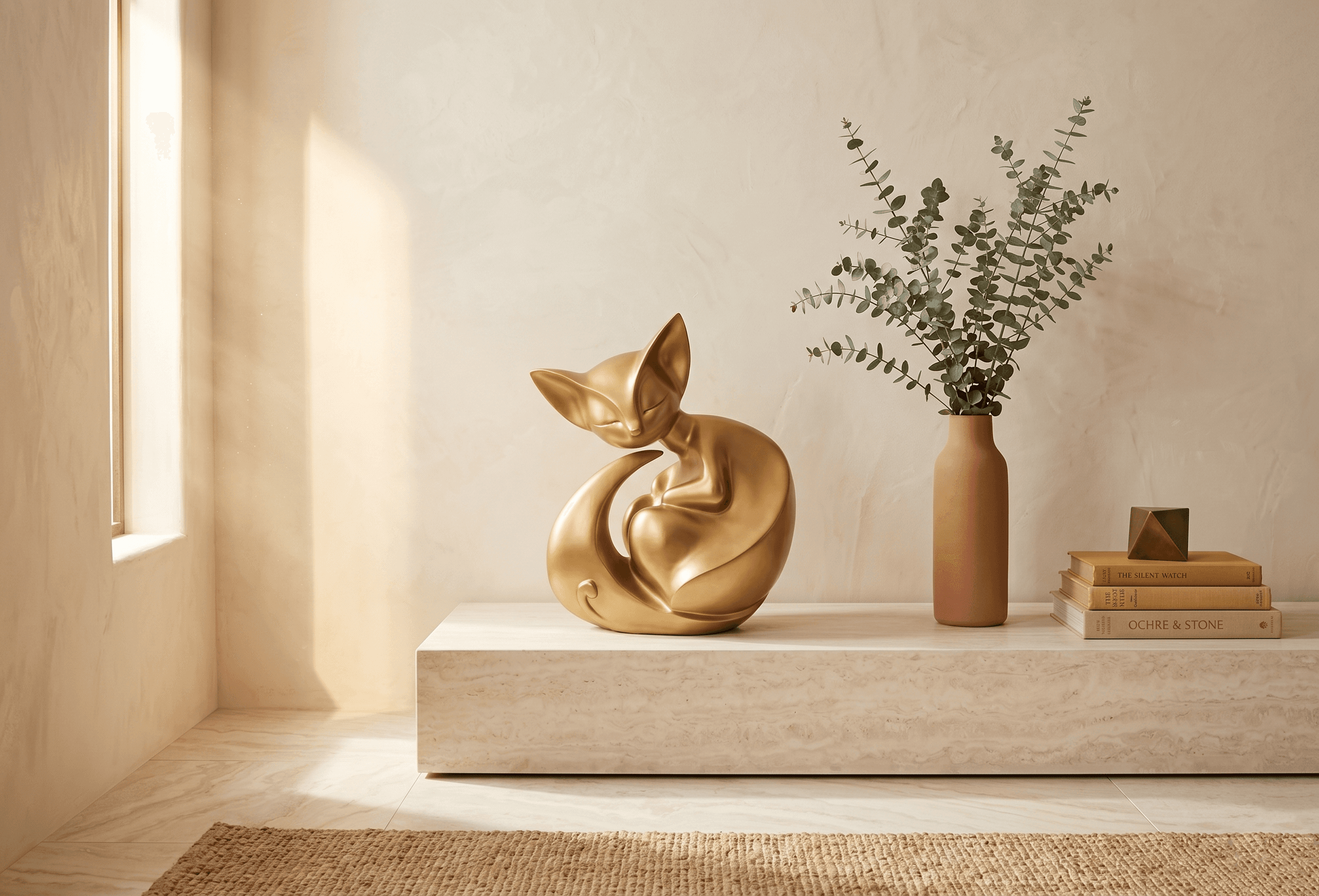 Nishā staged on a travertine plinth in a warm modern interior — matte brass cat sculpture, cream tadelakt wall, morning light shaft